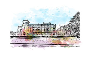 San Sebastian 'ın simgesi olan Print Building View İspanya' nın en büyük şehridir. Vektörde elle çizilmiş resim ile suluboya sıçraması.