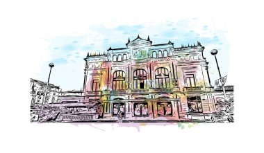 San Sebastian 'ın simgesi olan Print Building View İspanya' nın en büyük şehridir. Vektörde elle çizilmiş resim ile suluboya sıçraması.