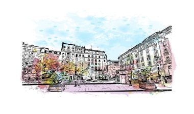 San Sebastian 'ın simgesi olan Print Building View İspanya' nın en büyük şehridir. Vektörde elle çizilmiş resim ile suluboya sıçraması.