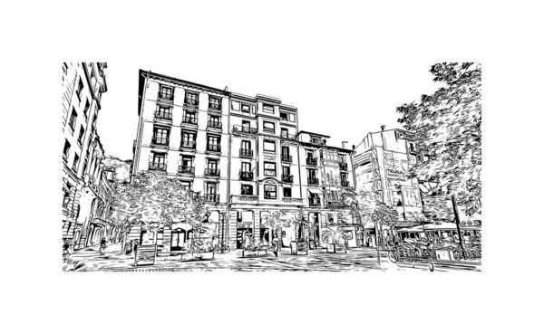 Print Building View Landmark San Sebastian City Spain Hand Drawn — Stock Vector
