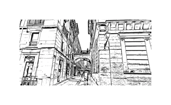 圣塞巴斯蒂安的标志性建筑是西班牙的城市 矢量手绘草图 — 图库矢量图片