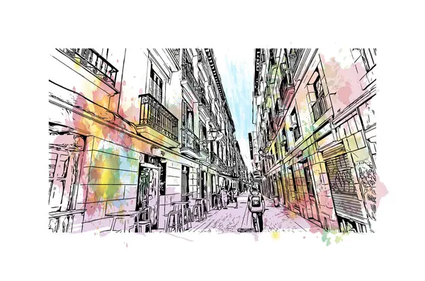 Print Building View Landmark San Sebastian City Spain Watercolor Splash — Stock Vector