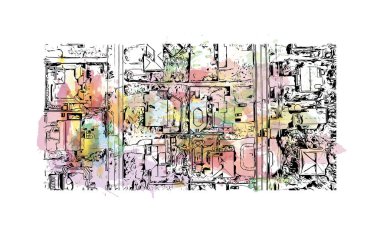 Sandbridge 'in simgesi olan Print Building View, Virginia' da bir mahalledir. Vektörde elle çizilmiş resim ile suluboya sıçraması.