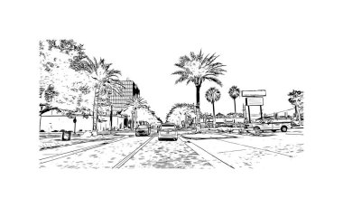 Sanford 'un simgesi olan Print Building View, Florida' daki bir şehirdir. Vektörde elle çizilmiş çizim çizimi. 