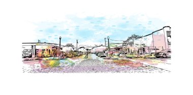 Sanford 'un simgesi olan Print Building View, Florida' daki bir şehirdir. Vektörde elle çizilmiş resim ile suluboya sıçraması. 
