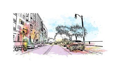 Sanford 'un simgesi olan Print Building View, Florida' daki bir şehirdir. Vektörde elle çizilmiş resim ile suluboya sıçraması. 