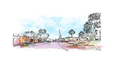 Sanford 'un simgesi olan Print Building View, Florida' daki bir şehirdir. Vektörde elle çizilmiş resim ile suluboya sıçraması. 