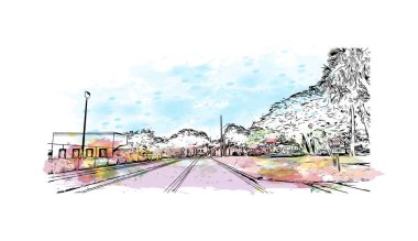 Sanford 'un simgesi olan Print Building View, Florida' daki bir şehirdir. Vektörde elle çizilmiş resim ile suluboya sıçraması. 