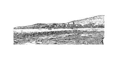 Santa Ana 'nın simgesi olan Print Building View Kaliforniya' da yer almaktadır. Vektörde elle çizilmiş çizim çizimi. 