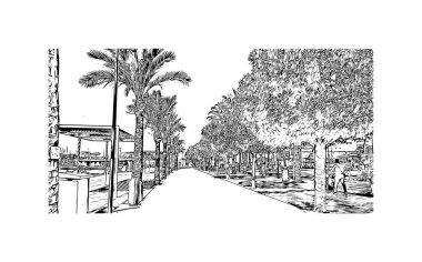 Santa Ana 'nın simgesi olan Print Building View Kaliforniya' da yer almaktadır. Vektörde elle çizilmiş çizim çizimi. 