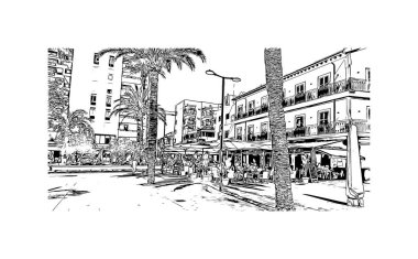 Sant Antoni 'nin simgesi olan Print Building View, İspanya' nın başkentidir. Vektörde elle çizilmiş çizim çizimi.