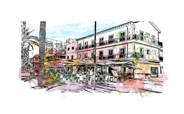 Sant Antoni 'nin simgesi olan Print Building View, İspanya' nın başkentidir. Vektörde elle çizilmiş resim ile suluboya sıçraması