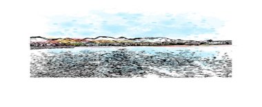 Sant Antoni 'nin simgesi olan Print Building View, İspanya' nın başkentidir. Vektörde elle çizilmiş resim ile suluboya sıçraması