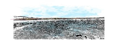 Sant Antoni 'nin simgesi olan Print Building View, İspanya' nın başkentidir. Vektörde elle çizilmiş resim ile suluboya sıçraması