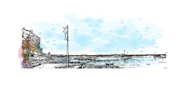 Sant Antoni 'nin simgesi olan Print Building View, İspanya' nın başkentidir. Vektörde elle çizilmiş resim ile suluboya sıçraması