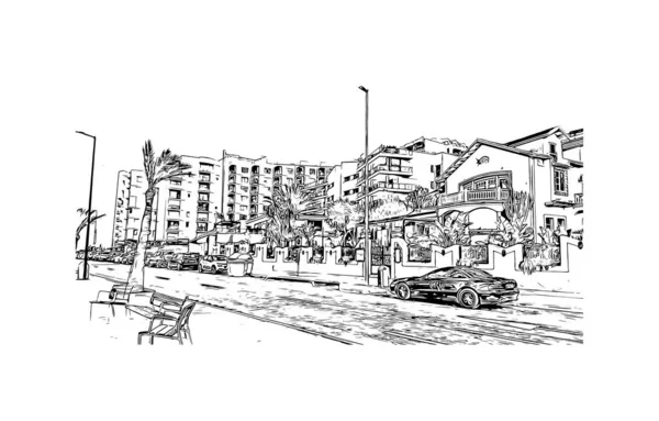 Print Building View Landmark Sant Antoni City Spain Hand Drawn — Stock Vector