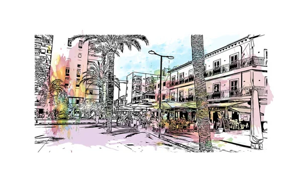 Vytisknout Pohled Budovu Orientačním Bodem Města Sant Antoni Město Španělsku — Stockový vektor