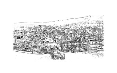 Santa Barbara 'nın simgesi olan Print Building View Kaliforniya' da yer almaktadır. Vektörde elle çizilmiş çizim çizimi.