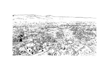 Santa Barbara 'nın simgesi olan Print Building View Kaliforniya' da yer almaktadır. Vektörde elle çizilmiş çizim çizimi.