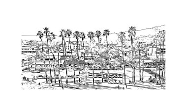 Santa Barbara 'nın simgesi olan Print Building View Kaliforniya' da yer almaktadır. Vektörde elle çizilmiş çizim çizimi.