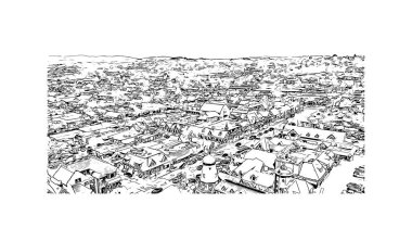 Santa Barbara 'nın simgesi olan Print Building View Kaliforniya' da yer almaktadır. Vektörde elle çizilmiş çizim çizimi.