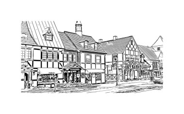 Santa Barbara 'nın simgesi olan Print Building View Kaliforniya' da yer almaktadır. Vektörde elle çizilmiş çizim çizimi.