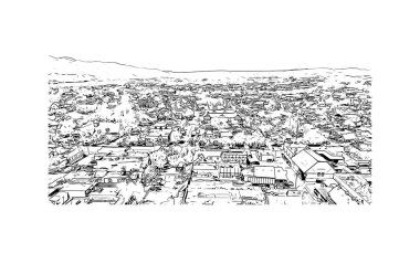 Santa Barbara 'nın simgesi olan Print Building View Kaliforniya' da yer almaktadır. Vektörde elle çizilmiş çizim çizimi.