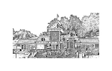 Santa Barbara 'nın simgesi olan Print Building View Kaliforniya' da yer almaktadır. Vektörde elle çizilmiş çizim çizimi.