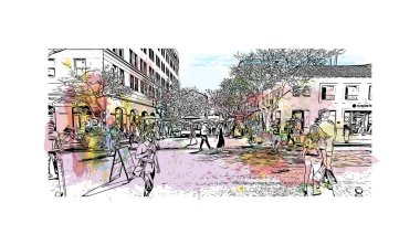 Santa Barbara 'nın simgesi olan Print Building View Kaliforniya' da yer almaktadır. Vektörde elle çizilmiş resim ile suluboya sıçraması.