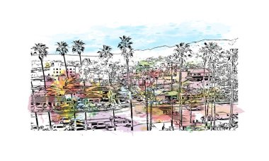 Santa Barbara 'nın simgesi olan Print Building View Kaliforniya' da yer almaktadır. Vektörde elle çizilmiş resim ile suluboya sıçraması.