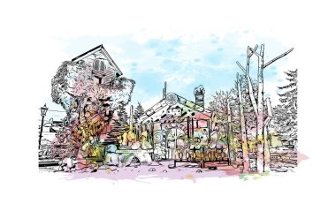 Japonya 'da Sapporo şehrinin simgesi olan Print Building View. Vektörde elle çizilmiş resim ile suluboya sıçraması.