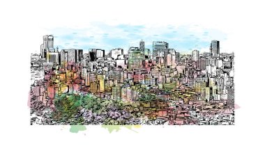 Japonya 'da Sapporo şehrinin simgesi olan Print Building View. Vektörde elle çizilmiş resim ile suluboya sıçraması.