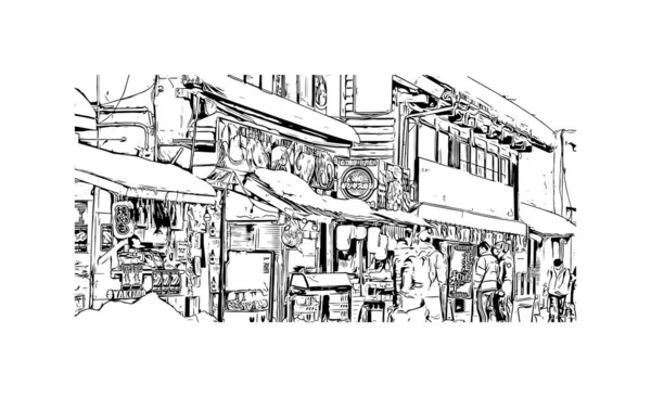 Imprimir Vista Edifício Com Marco Sapporo Cidade Japão Desenho Desenhado — Vetor de Stock