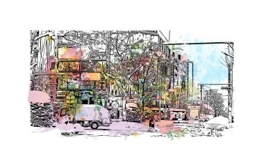 Japonya 'da Sapporo şehrinin simgesi olan Print Building View. Vektörde elle çizilmiş resim ile suluboya sıçraması.