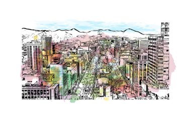 Japonya 'da Sapporo şehrinin simgesi olan Print Building View. Vektörde elle çizilmiş resim ile suluboya sıçraması.