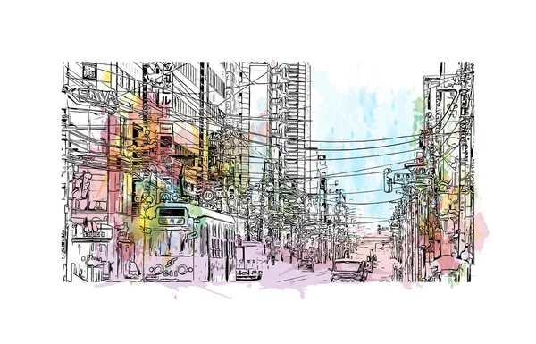 Vytisknout Pohled Budovu Orientačním Bodem Sapporo Město Japonsku Akvarelové Stříknutí — Stockový vektor