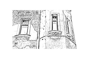  Saraybosna 'nın tarihi yapısına sahip bina Bosna-Hersek' in başkenti. Vektörde elle çizilmiş çizim çizimi.