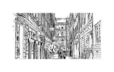  Saraybosna 'nın tarihi yapısına sahip bina Bosna-Hersek' in başkenti. Vektörde elle çizilmiş çizim çizimi.