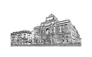 Saraybosna 'nın simgesi olan Print Building, Bosna-Hersek' in başkenti. Vektörde elle çizilmiş çizim çizimi.