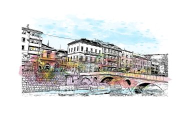 Saraybosna 'nın simgesi olan Print Building, Bosna-Hersek' in başkenti. Vektörde elle çizilmiş resim ile suluboya sıçraması.