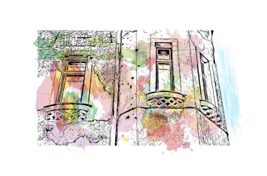 Saraybosna 'nın simgesi olan Print Building, Bosna-Hersek' in başkenti. Vektörde elle çizilmiş resim ile suluboya sıçraması.