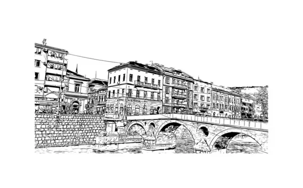 Pohled Budovu Orientačním Bodem Sarajeva Hlavním Městem Bosny Hercegoviny Ručně — Stockový vektor
