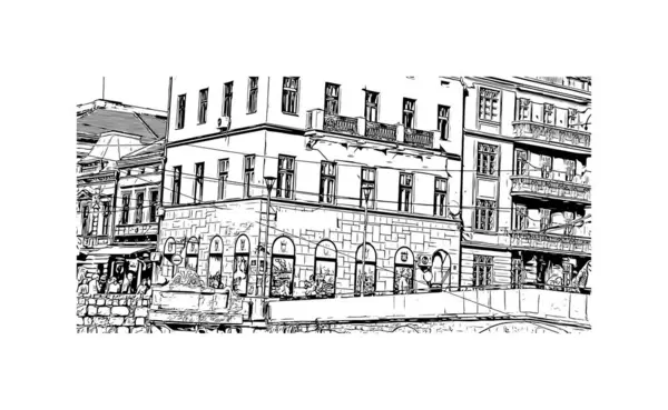 Saraybosna 'nın simgesi olan Print Building, Bosna-Hersek' in başkenti. Vektörde elle çizilmiş çizim çizimi.