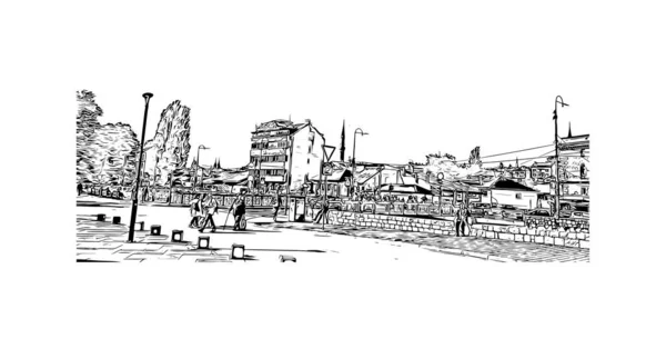 具有萨拉热窝地标的印刷建筑景观是波斯尼亚和黑塞哥维那的首都 矢量手绘草图 — 图库矢量图片