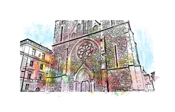 Saraybosna 'nın simgesi olan Print Building, Bosna-Hersek' in başkenti. Vektörde elle çizilmiş resim ile suluboya sıçraması.