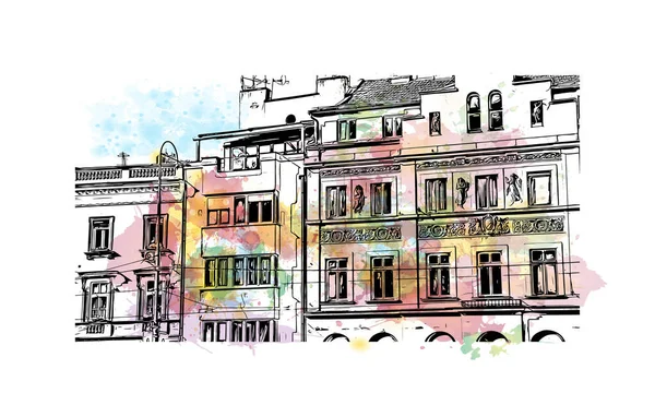Print Building View Landmark Sarajevo Capital Bosnia Herzegovina Watercolor Splash — Stock Vector
