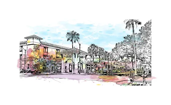 Print Building View Landmark Sarasota City Florida Akvarelové Stříknutí Ručně — Stockový vektor