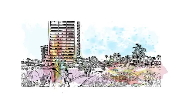 带有萨拉索塔地标的印刷建筑景观是佛罗里达州的一个城市 矢量手绘示意图水彩画 — 图库矢量图片