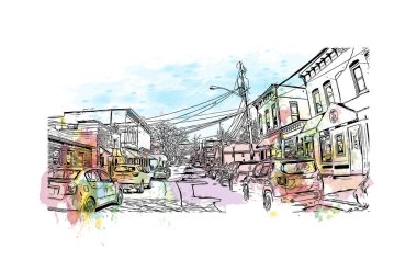 Print Building view with landmark of Saratoga Springs is the city of New York State. Vektörde elle çizilmiş resim ile suluboya sıçraması