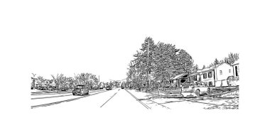 Print Building view with landmark of Saratoga Springs is the city of New York State. Vektörde elle çizilmiş çizim çizimi.